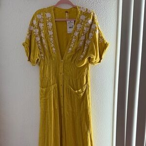 Free people mustard yellow Floral Embroidered Dress